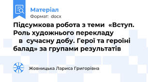 Підсумкова робота з теми  «Вступ. Роль художнього перекладу                  в  сучасну добу. Герої та героїні балад» за групами результатів