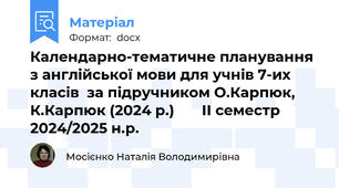 Календарно-тематичне планування з англійської мови для учнів 7-их класів  за підручником О.Карпюк, К.Карпюк (2024 р.)       ІІ семестр   2024/2025 н.р.