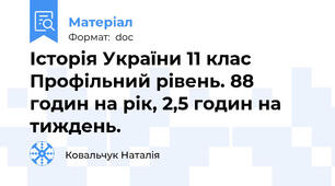 Історія України 11 клас Профільний рівень. 88 годин на рік, 2,5 годин на тиждень.