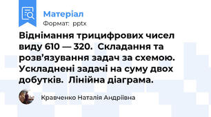 Віднімання трицифрових чисел виду 610 — 320.  Складання та розв’язування задач за схемою. Ускладнені задачі на суму двох добутків.  Лінійна діаграма.