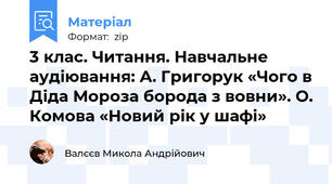 3 клас. Читання. Навчальне аудіювання: А. Григорук «Чого в Діда Мороза борода з вовни». О. Комова «Новий рік у шафі»