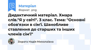 Дидактичний матеріал. Хмара слів."Я у світі". 3 клас. Тема: "Основні обов'язки в сім'ї. Шанобливе ставлення до старших та інших членів сім'ї"