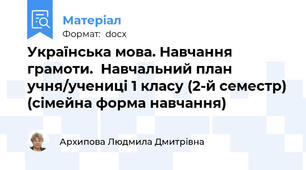 Українська мова. Навчання грамоти.  Навчальний план учня/учениці 1 класу (2-й семестр) (сімейна форма навчання)