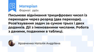Письмове віднімання трицифрових чисел із переходом через розряд (два переходи). Розв’язування задач за сумою трьох і двох доданків. Дії з іменованими числами. Робота з даними, поданими в таблиці.
