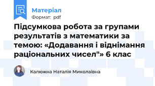 Підсумкова робота за групами результатів з математики за темою: «Додавання і віднімання раціональних чисел"» 6 клас