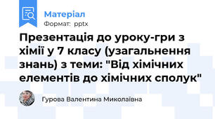 Презентація до уроку-гри з хімії у 7 класу (узагальнення знань) з теми: "Від хімічних елементів до хімічних сполук"