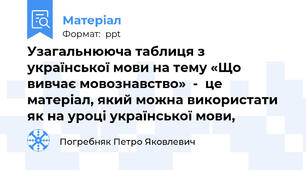 Узагальнююча таблиця з української мови на тему «Що вивчає мовознавство»  -  це матеріал, який можна використати як на уроці української мови,