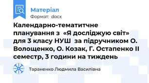 Календарно-тематитчне планування з  «Я досліджую світ» для 3 класу НУШ  за підручником О. Волощенко, О. Козак, Г. Остапенко ІІ семестр, 3 години на тиждень