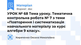 УРОК № 68 Тема уроку. Тематична контрольна робота № 7 з теми «Повторення і систематизація навчального матеріалу за курс алгебри 9 класу».