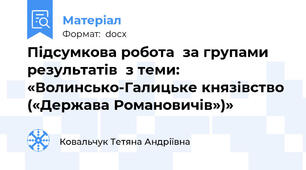 Підсумкова робота  за групами результатів  з теми: «Волинсько-Галицьке князівство («Держава Романовичів»)»