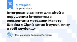 Інтегроване заняття для дітей з порушеним інтелектом з елементами методики Макото Шичіда « Сірий котик ігрунок, кину я тобі клубок….»