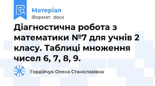 Діагностична робота з математики №7 для учнів 2 класу. Таблиці множення чисел 6, 7, 8, 9.