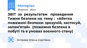 ЗВІТ  за  результатам   проведення   Тижня безпеки на  тему :  «Абетка пожежної безпеки: зрозумій, застосуй, запам’ятай»  (пожежна безпека в побуті та в умовах воєнного стану)