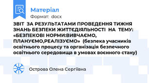 ЗВІТ  ЗА РЕЗУЛЬТАТАМИ ПРОВЕДЕННЯ ТИЖНЯ ЗНАНЬ БЕЗПЕКИ ЖИТТЄДІЯЛЬНОСТІ  НА  ТЕМУ:  «БЕЗПЕКОВІ НОРМИ:ВИВЧАЄМО, ПЛАНУЄМО,РЕАЛІЗУЄМО»  (безпека учасників освітнього процесу та організація безпечного освітнього середовища в умовах воєнного стану)