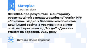ДОВІДКА про результати  моніторингу  розвитку дітей закладу дошкільної освіти №6 «Сонечко»  згідно з Базовим компонентом дошкільної освіти  з урахуванням вимог освітньої програми від 2-х до7 «Дитина» станом на вересень 2024 року