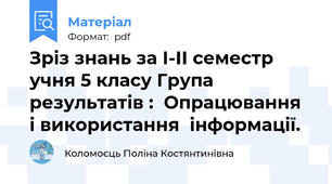 Зріз знань за І-ІІ семестр  учня 5 класу Група результатів :  Опрацювання  і використання  інформації.