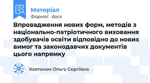 Впровадження нових форм, методів з національно-патріотичного виховання здобувачів освіти відповідно до нових вимог та законодавчих документів  цього напрямку