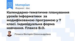 Календарно-тематичне планування уроків інформатики  за модифікованою програмою у 7 класі. Індивідуальна форма навчання. Плакса В.О.