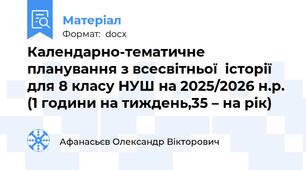 Календарно-тематичне планування з всесвітньої  історії для 8 класу НУШ на 2025/2026 н.р. (1 години на тиждень,35 – на рік)