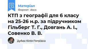 КТП з географії для 6 класу на 25-26 н.р. за підручником Гільберг Т. Г., Довгань А. І., Совенко В. В.