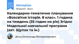 Календарно-тематичне планування «Всесвітня історія. 8 клас». 1 година на тиждень (35 годин на рік) Згідно Модельної навчальної програми (авт. Щупак та ін.)