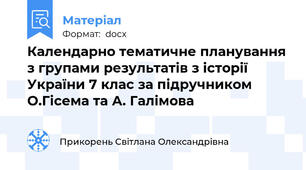 Календарно тематичне планування з групами результатів з історії України 7 клас за підручником О.Гісема та А. Галімова