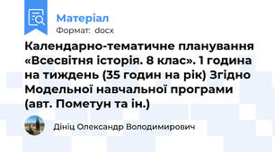 Календарно-тематичне планування «Всесвітня історія. 8 клас». 1 година на тиждень (35 годин на рік) Згідно Модельної навчальної програми (авт. Пометун та ін.)