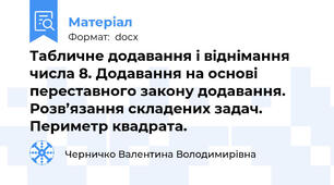 Табличне додавання і віднімання числа 8. Додавання на основі переставного закону додавання. Розв’язання складених задач. Периметр квадрата.