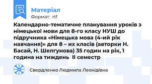 Календарно-тематичне планування уроків з німецької мови для 8-го класу НУШ до підручника «Німецька мова (4-ий рік навчання)» для 8 – их класів (авторки Н. Басай, Н. Шелгунова) 35 годин на рік, 1 година на тиждень  ІІ семестр