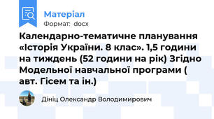 Календарно-тематичне планування «Історія України. 8 клас». 1,5 години на тиждень (52 години на рік) Згідно Модельної навчальної програми ( авт. Гісем та ін.)