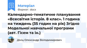 Календарно-тематичне планування «Всесвітня історія. 8 клас». 1 година на тиждень (35 годин на рік) Згідно Модельної навчальної програми (авт. Гісем та ін.)