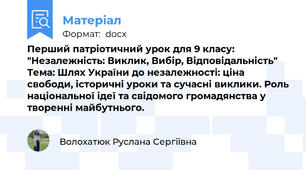 Перший патріотичний урок для 9 класу: "Незалежність: Виклик, Вибір, Відповідальність"  Тема: Шлях України до незалежності: ціна свободи, історичні уроки та сучасні виклики. Роль національної ідеї та свідомого громадянства у творенні майбутнього.