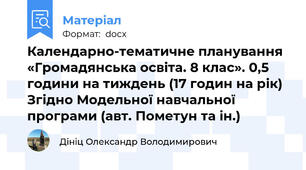 Календарно-тематичне планування «Громадянська освіта. 8 клас». 0,5 години на тиждень (17 годин на рік) Згідно Модельної навчальної програми (авт. Пометун та ін.)