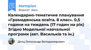 Календарно-тематичне планування «Громадянська освіта. 8 клас». 0,5 години на тиждень (17 годин на рік) Згідно Модельної навчальної програми (авт. Васильків та ін.)