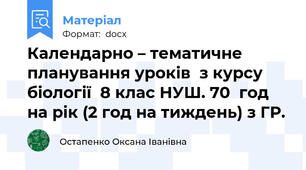 Календарно – тематичне  планування уроків  з курсу  біології  8 клас НУШ. 70  год на рік (2 год на тиждень) з ГР.