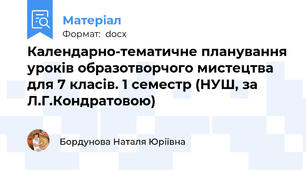 Календарно-тематичне планування уроків образотворчого мистецтва для 7 класів. 1 семестр (НУШ, за Л.Г.Кондратовою)