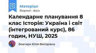 Календарне планування 8 клас Історія: Україна і світ (інтегрований курс), 86 годин, НУШ, 2025
