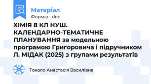 ХІМІЯ 8 КЛ НУШ. КАЛЕНДАРНО-ТЕМАТИЧНЕ ПЛАНУВАННЯ за модельною програмою Григоровича і підручником Л. МІДАК (2025) з групами результатів