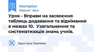 Урок - Вправи на засвоєння таблиць додавання та віднімання в межах 10.  Узагальнення та систематизація знань учнів.
