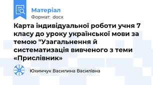 Карта індивідуальної роботи учня 7 класу до уроку української мови за темою "Узагальнення й систематизація вивченого з теми «Прислівник»