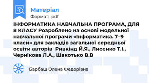 ІНФОРМАТИКА НАВЧАЛЬНА ПРОГРАМА, ДЛЯ 8 КЛАСУ Розроблено на основі модельної навчальної програми «Інформатика. 7–9 класи» для закладів загальної середньої освіти авторів  Ривкінд Й.Я., Лисенко Т.І., Чернікова Л.А., Шакотько В.В