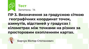 ПР 3. Визначення за градусною сіткою  географічних координат точок, азимутів, відстаней у градусах і кілометрах між точками на різних за просторовим охопленням картах.