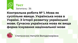 Контрольна робота № 1. Мова як суспільне явище. Українська мова в Україні. З історії розвитку української мови. Сучасна українська мова як вища форма існування національної мови