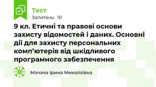 9 кл. Етичні та правові основи захисту відомостей і даних. Основні дії для захисту персональних комп’ютерів від шкідливого програмного забезпечення