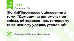 (Копія)Підсумкове оцінювання з теми: "Домедична допомога при опіках, обмороженнях, тепловому та сонячному ударах, утопленні"