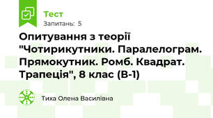 Опитування з теорії "Чотирикутники. Паралелограм. Прямокутник. Ромб. Квадрат. Трапеція", 8 клас (В-1)