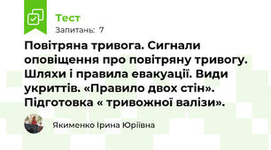 Повітряна тривога. Сигнали оповіщення про повітряну тривогу. Шляхи і правила евакуації. Види укриттів. «Правило двох стін». Підготовка « тривожної валізи». 