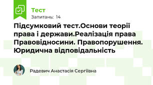 Підсумковий тест.Основи теорії права і держави.Реалізація права Правовідносини. Правопорушення.  Юридична відповідальність 