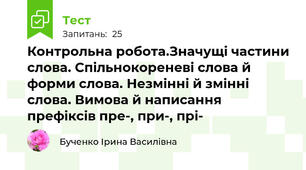 Контрольна робота.Значущі частини слова. Спільнокореневі слова й форми слова. Незмінні й змінні слова. Вимова й написання префіксів пре-, при-, прі-