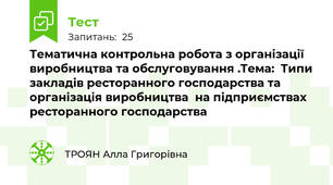 Тематична контрольна робота з організації виробництва та обслуговування .Тема:  Типи закладів ресторанного господарства та організація виробництва  на підприємствах ресторанного господарства 